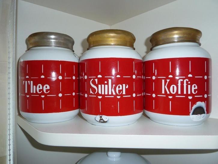 Thee.Koffie ,Suiker bussen van Emaillen, Antiek en Kunst, Antiek | Emaille, Ophalen