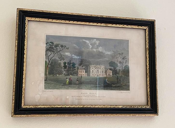 Ingelijste handgekleurde gravure Hare Hall, 1833, Antiek en Kunst, Kunst | Etsen en Gravures, Ophalen of Verzenden