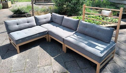 Houten elementenbank, stof bekleed, Scandinavisch design., Huis en Inrichting, Banken | Bankstellen, Gebruikt, Hoekbank, Vierpersoons of meer