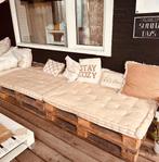 Tuin Pallet bank met 2 grote taupe  kleurige kussens, Ophalen, Gebruikt, Hout