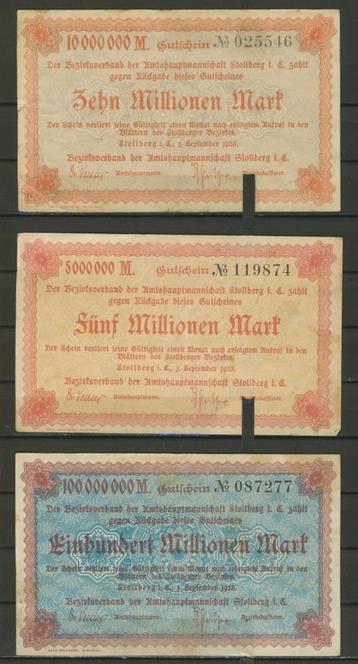 Stollberg 5-10-100 Millionen 1923 Mark Notgeld Biljet c-348  beschikbaar voor biedingen