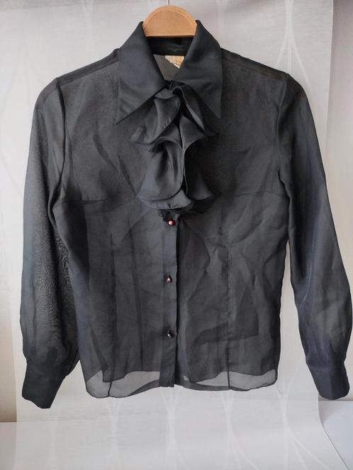 Vintage Trevira blouse puntkraag zwart 40 medium ruches '70, Kleding | Dames, Blouses en Tunieken, Gedragen, Maat 38/40 (M), Zwart