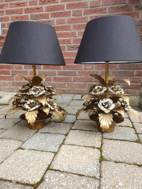 Hollywood Regency set 2 stuks tafellampen rozen vintage., Huis en Inrichting, Lampen | Tafellampen, Metaal, Ophalen