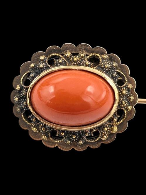 gouden 14k  filigrain Broche met Bloedkoraal, Sieraden, Tassen en Uiterlijk, Antieke sieraden, Broche, Goud, Verzenden