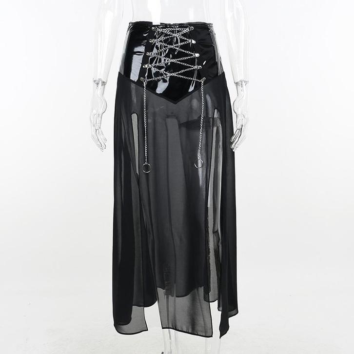 Zwarte lange kunstleren rok met ketting dames wetlook lak, Kleding | Dames, Rokken, Nieuw, Maat 38/40 (M), Zwart, Onder de knie