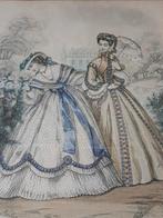 Mooie antieke ingelijste modegravure uit Frankrijk 34,3 cm., Antiek en Kunst, Kunst | Etsen en Gravures, Ophalen of Verzenden
