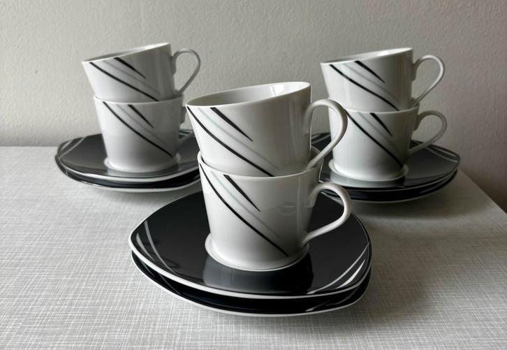 6x Kop en schotel zwart wit Flirt by R&B Manhattan, Huis en Inrichting, Keuken | Servies, Nieuw, Kop(pen) en/of Schotel(s), Overige stijlen