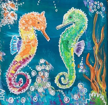 Schilderijtje Zeepaardjes in kleurrijk acryl op hout  beschikbaar voor biedingen