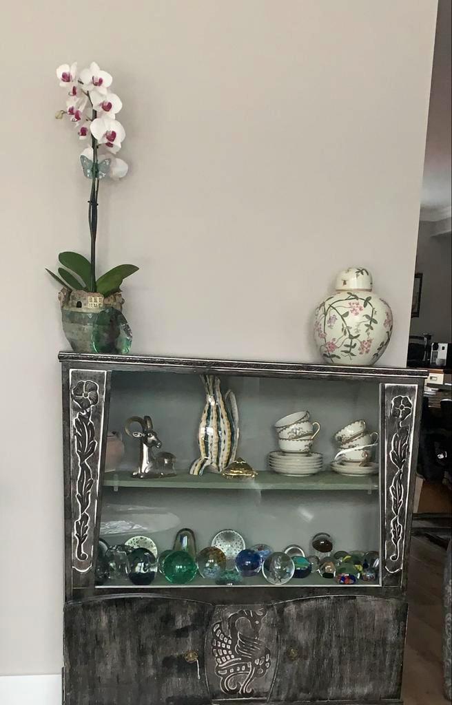 Vintage kastje met originele glazen schuiframen, Huis en Inrichting, Kasten | Vitrinekasten, Gebruikt, 100 tot 150 cm, 50 tot 100 cm