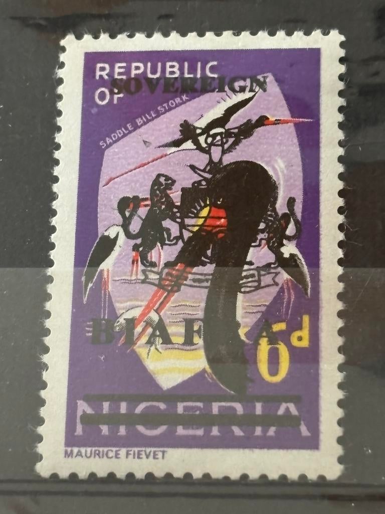 Vogel, Biafra 1968 met opdruk, Postzegels en Munten, Ophalen of Verzenden, Postfris, Dier of Natuur
