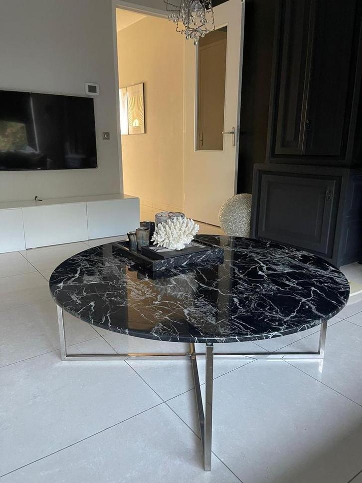 Ronde salontafel zwart graniet met zilveren poten, Huis en Inrichting, Tafels | Salontafels, Gebruikt, Minder dan 50 cm, 50 tot 100 cm