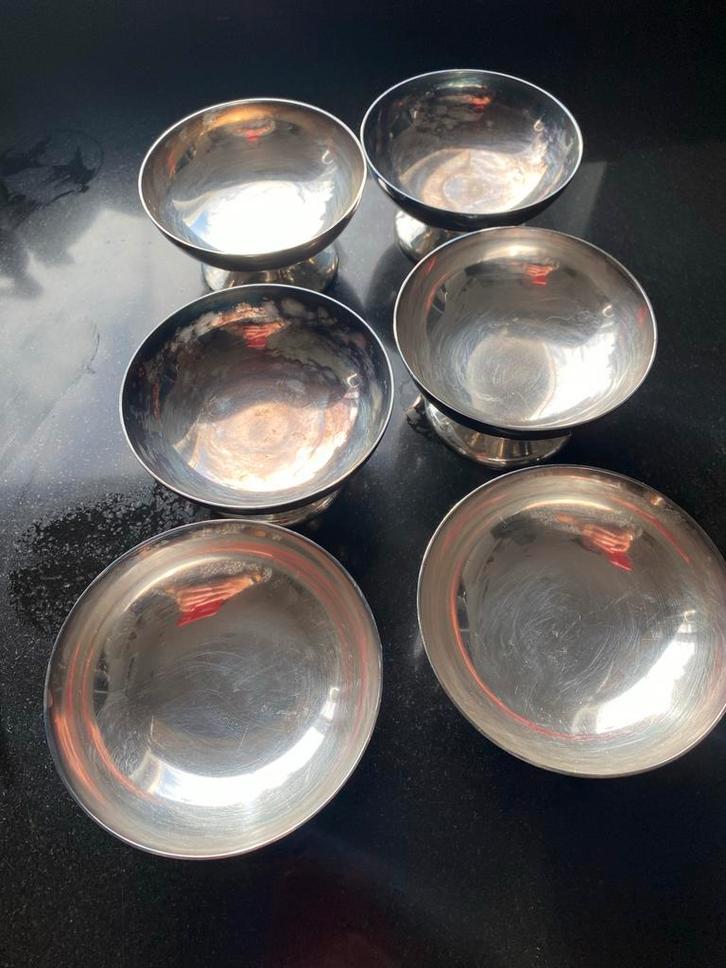 6 Verzilverde IJscoupes - Zwitsers Fabricaat, Huis en Inrichting, Keuken | Servies, Gebruikt, Glas of Glazen, Overige stijlen