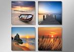 Nieuw 4 Delen van Canvas Boot Sunset Steiger 30x30cm, Minder dan 50 cm, Nieuw, Ophalen of Verzenden, Schilderij