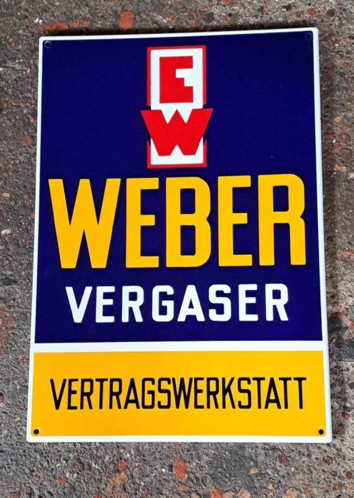 Weber vergaser vertragswerkstatt emaillen garage bord, Verzamelen, Merken en Reclamevoorwerpen, Zo goed als nieuw, Reclamebord