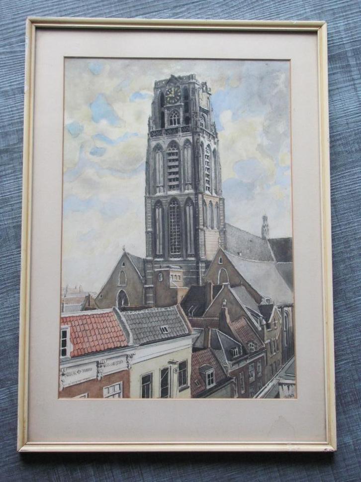 De Laurenskerk in Rotterdam - gesigneerd, Antiek en Kunst, Kunst | Schilderijen | Klassiek, Ophalen of Verzenden