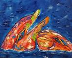 Schilderij kleurrijke dolfijnen, Nieuw, Ophalen of Verzenden, Schilderij, Minder dan 50 cm