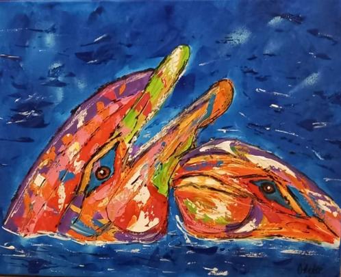 Schilderij kleurrijke dolfijnen, Huis en Inrichting, Woonaccessoires | Schilderijen, Tekeningen en Foto's, Nieuw, Schilderij, Minder dan 50 cm