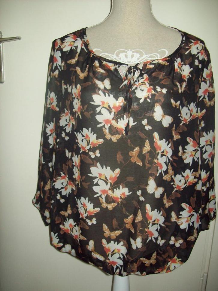 Romantische zwarte bloem chiffon blouse van Norah maat 44 46, Kleding | Dames, Blouses en Tunieken, Zo goed als nieuw, Maat 42/44 (L)