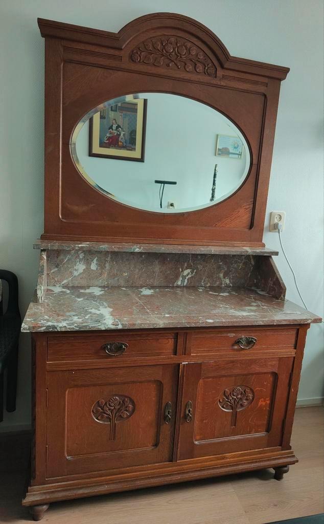 Antieke kaptafel met marmeren blad met (nacht)kastje, Antiek en Kunst, Antiek | Meubels | Kasten, Ophalen