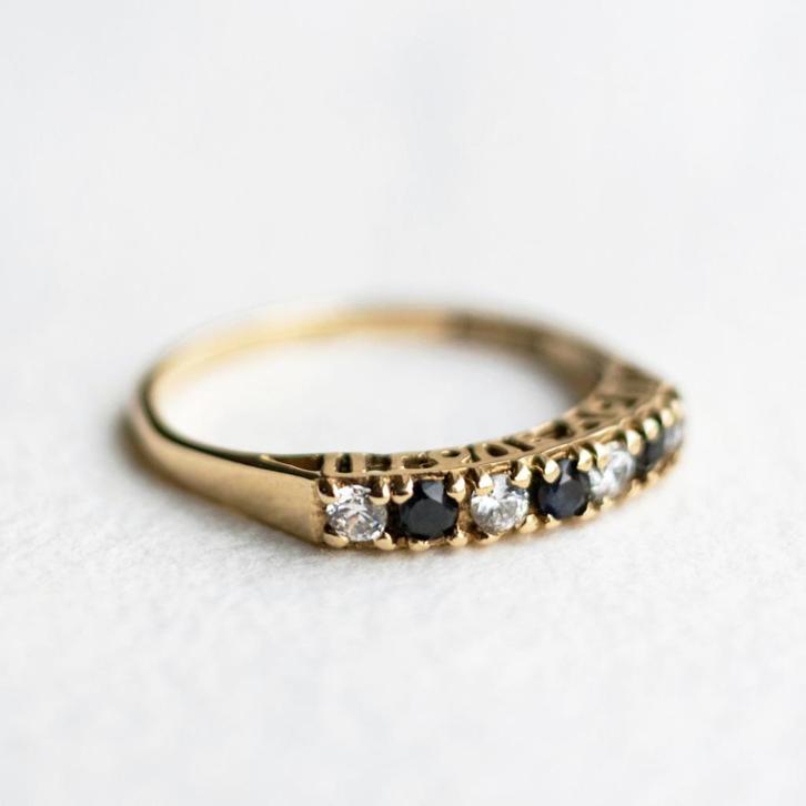 Vintage 9K goud I love you ring Saffier & CZ - Maat 17,75, Sieraden, Tassen en Uiterlijk, Ringen, Zo goed als nieuw, Dame, 17 tot 18