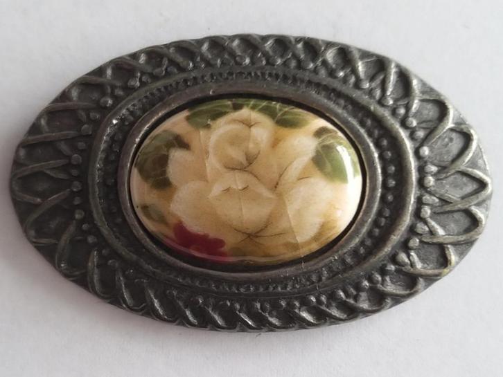 Etain Zinn pewter antieke tinnen rozen camee broche, Sieraden, Tassen en Uiterlijk, Antieke sieraden, Broche, Overige materialen