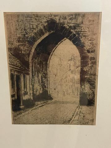 Martin van Waning - ets Stadspoort in originele lijstje beschikbaar voor biedingen