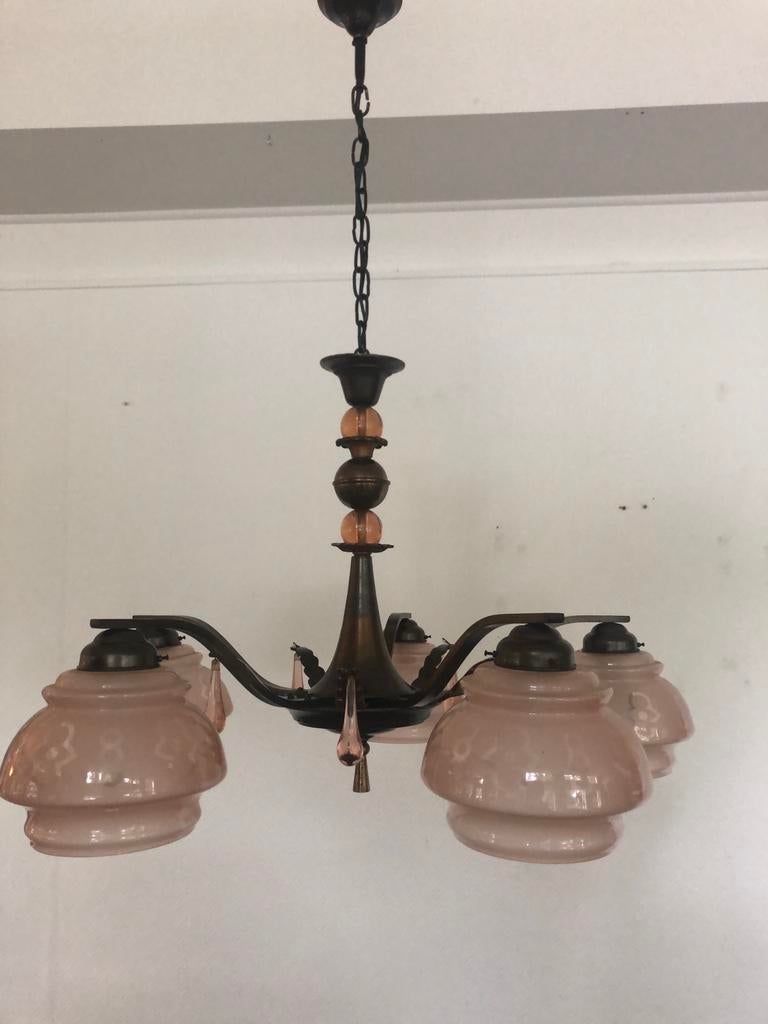 Art deco vintage koperen hanglamp met glazen kapjes, Ophalen, Zo goed als nieuw, Art deco vintage, 75 cm of meer