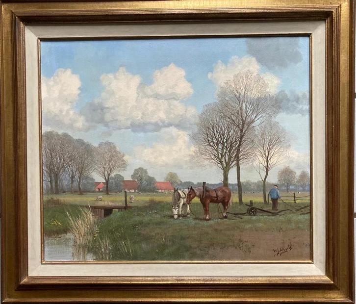 W.J. Alberts - Weidelandschap met Paarden - Olieverf, Antiek en Kunst, Kunst | Schilderijen | Klassiek, Ophalen of Verzenden