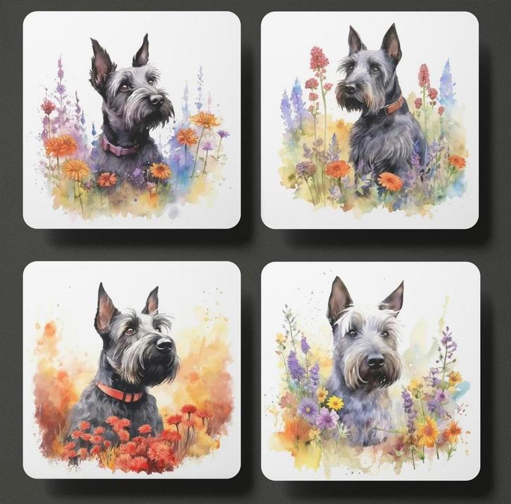 Schotse Terriër Aquarel onderzetters met houder, Huis en Inrichting, Woonaccessoires | Onderzetters, Nieuw, Glas of Kopje, Ophalen of Verzenden