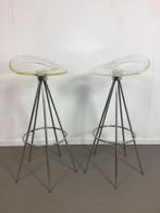 Vintage Barkrukken Plexiglas Chroom (2), Gebruikt, Met voetsteun, Vintage, 60 tot 90 cm