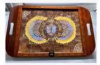 Antiek groot dienblad hout echte vlindervleugels 52 cm, Ophalen of Verzenden