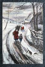 Het sneeuwt, de hond rent vooruit op de landelijke weg, Verzenden, Voor 1920, Ongelopen, Feest(dag)