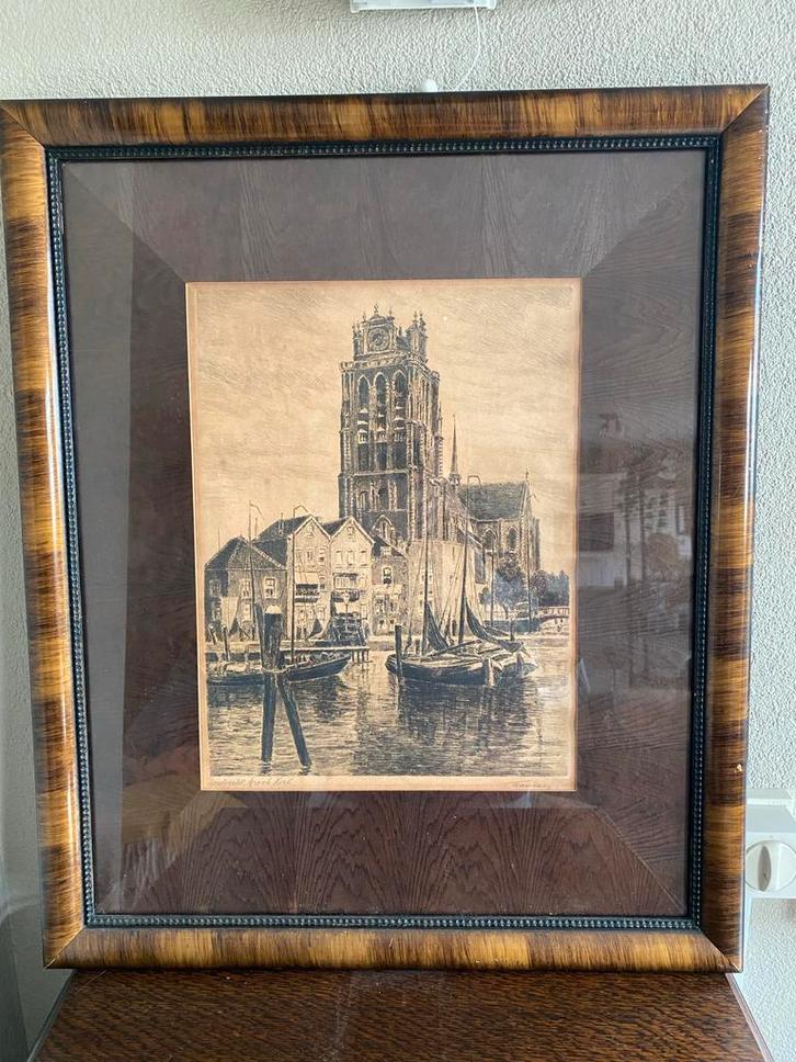 Oude ets  in lijst - Dordrecht Bomkade, Antiek en Kunst, Kunst | Etsen en Gravures, Ophalen