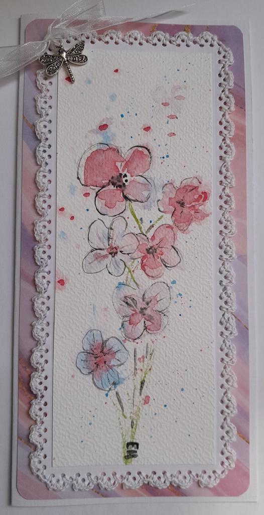 Dubbele langwerpige kaart met bloemen, aquarel verf, Hobby en Vrije tijd, Kaarten | Zelfgemaakt, Zo goed als nieuw, Ophalen of Verzenden