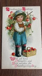 Thanksgiving.kinderkaart. Kind met mand appels., Ophalen of Verzenden, Voor 1920, Ongelopen, Kinderen
