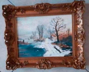 Schilderij winter landschap houten gouden barokke lijst beschikbaar voor biedingen