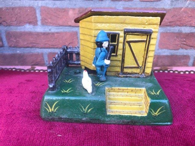 metalen mechanische spaarpot, politieman en kippendief, Antiek en Kunst, Curiosa en Brocante, Ophalen of Verzenden