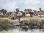 Th. van Oorschot (1910-1989)- Gezicht op kerkdorp aan rivier, Ophalen of Verzenden