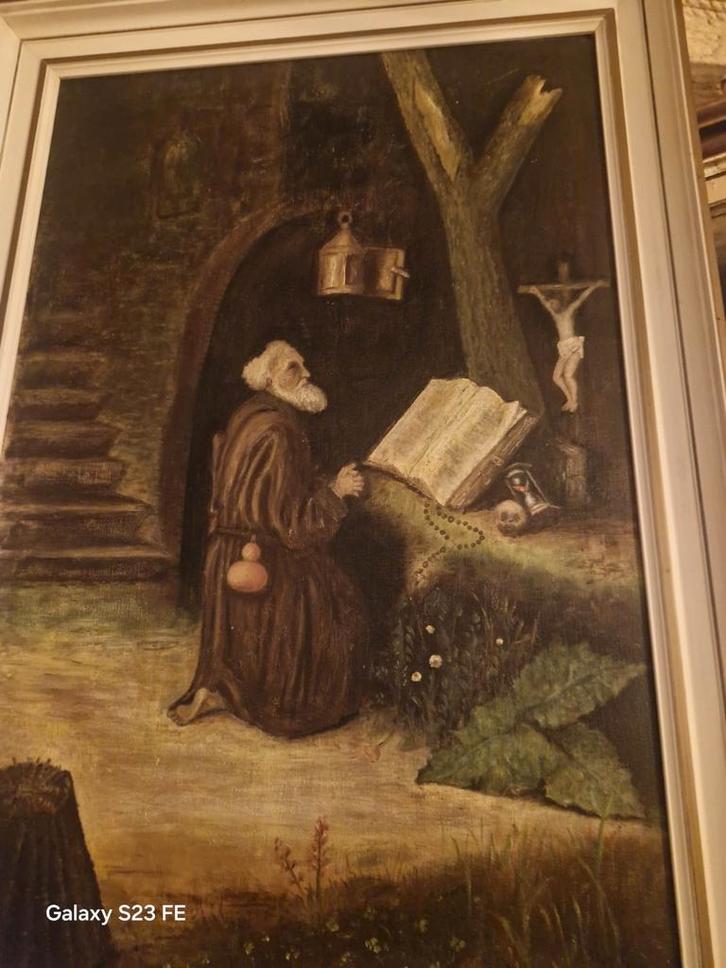 Schilderij "Een biddende heremiet" gesigneerd, Antiek en Kunst, Kunst | Schilderijen | Klassiek, Ophalen of Verzenden