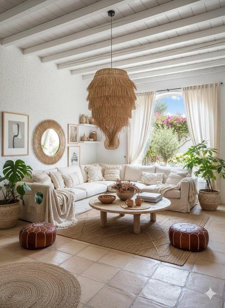Splinternieuwe Ibiza/Boho Lamp Rotan Naturel van J-Line, Huis en Inrichting, Lampen | Hanglampen, Nieuw, 75 cm of meer, Overige materialen