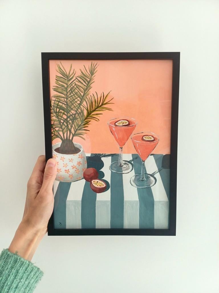 Kleurrijk origineel stilleven schilderij cocktails en fruit, Minder dan 50 cm, Nieuw, Ophalen of Verzenden, Schilderij