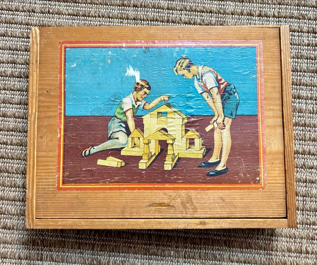 Vintage / Antieke Houten Blokkendoos met Afbeelding, Ophalen of Verzenden, Gebruikt, Overige merken