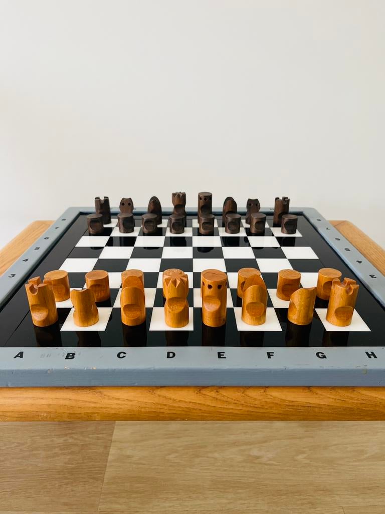 Vintage schaakbord + schaakstukken design Bauhaus schaken, Ophalen of Verzenden, Gebruikt