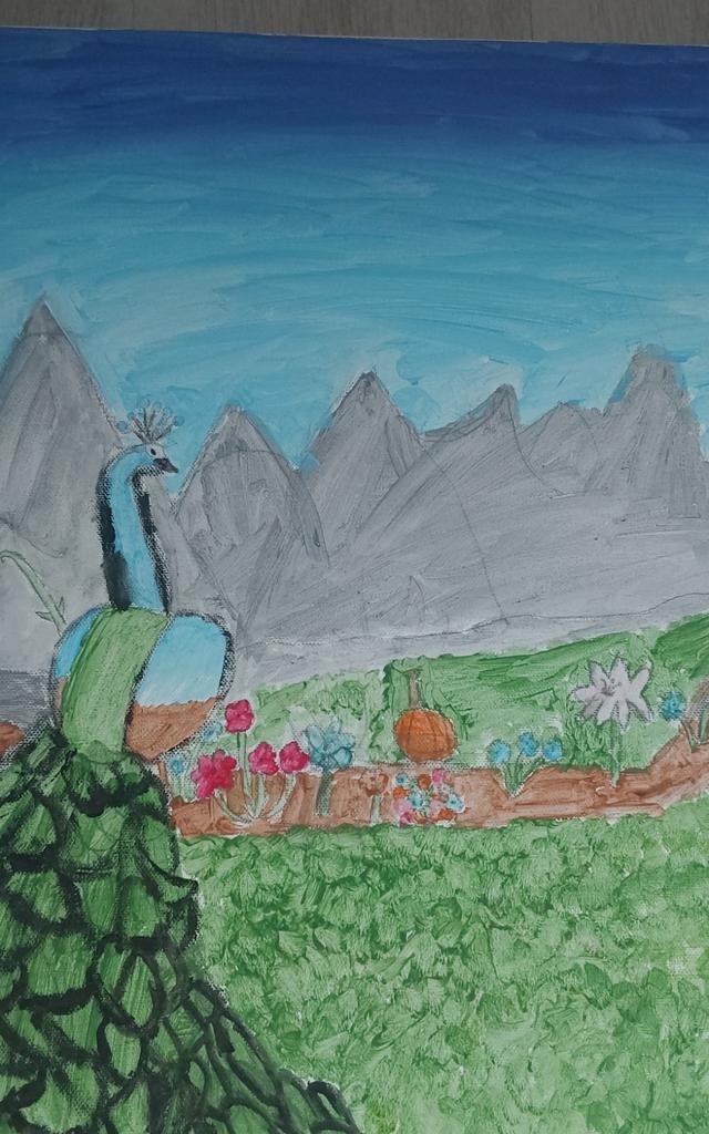 Schilderij een pauw en een bloem in een vaas, Ophalen of Verzenden