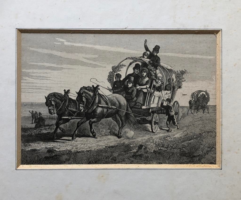 Op weg naar de kermis. (Adolf Dillens, omstreeks 1874), Antiek en Kunst, Kunst | Etsen en Gravures, Gravure, Dagelijks leven, 1800 - 1899