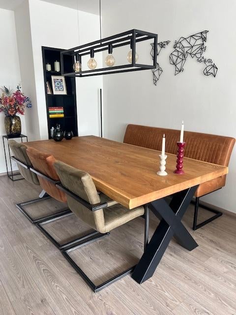 Houten eettafel met 3 stoelen en bank, Huis en Inrichting, Tafels | Eettafels, Ophalen, Houten eettafel, Eikenhout, 100 tot 150 cm