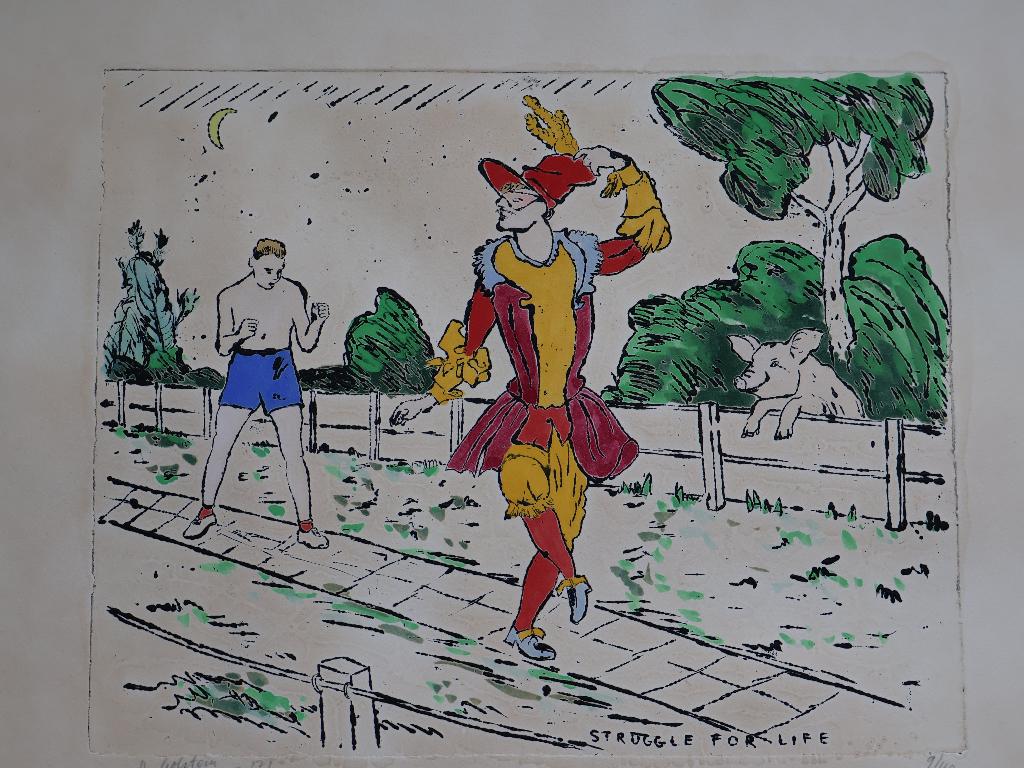 Zeefdruk Pieter Holstein:  "Struggle for Life", Antiek en Kunst, Kunst | Litho's en Zeefdrukken, Ophalen of Verzenden