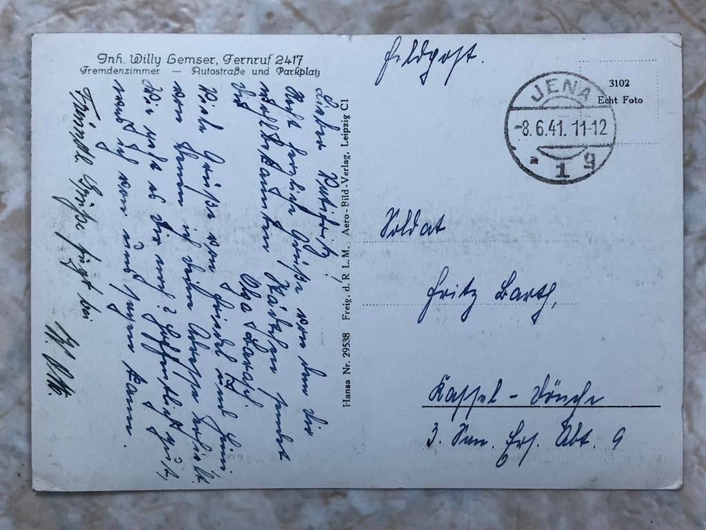 Duitse veldpost, gestempeld Jena 8.6.41., Verzamelen, Militaria | Tweede Wereldoorlog, Verzenden, Landmacht, Duitsland, Overige typen