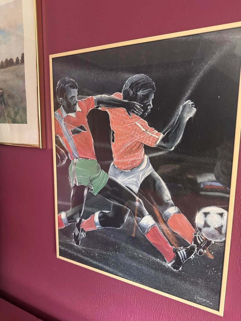voetbal schilderij gesigneerd H. Wiersma retro sport kunst, Ophalen of Verzenden