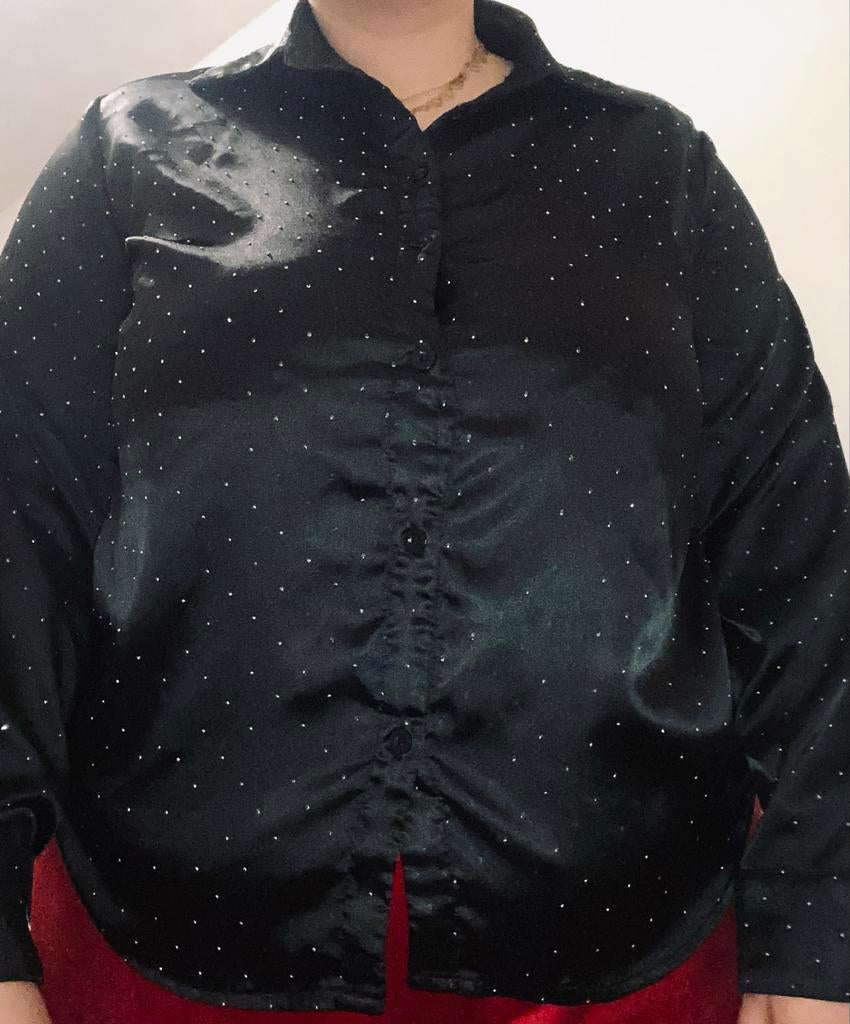 Zwarte blouse met glitter steentjes, Ophalen of Verzenden, Gedragen, Maat 46/48 (XL) of groter, Zwart
